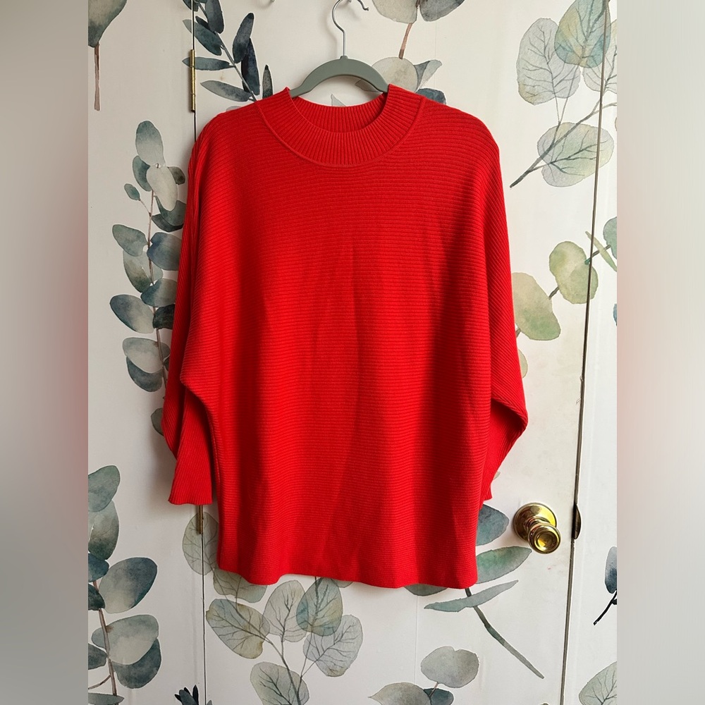 Vince Camuto Mock Neck Batwing Ribbed Red Cotton Blend Sweater